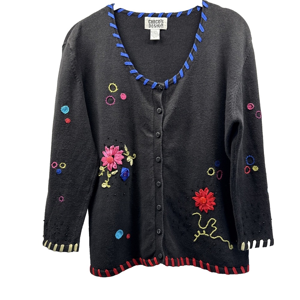 Chicos Design Women Cardigan Sweater Size 1 M Black Embroidered Floral Artsy